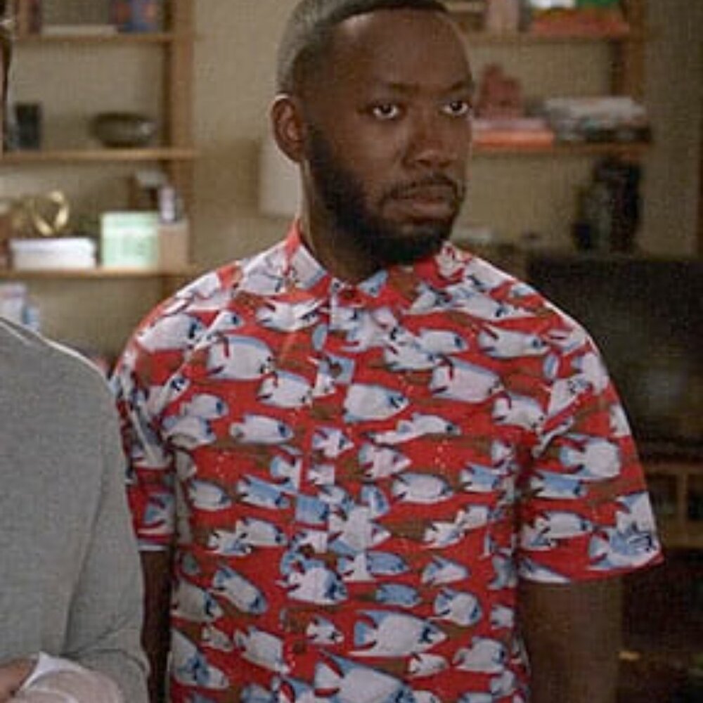 Collection: Winston on NEWGIRL, ROYAL ROBBINS Crimson Throwback Fish Print Shirt